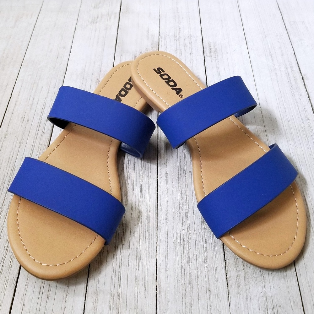 New Blue Dual Band Slip On Slides Flat Sandals